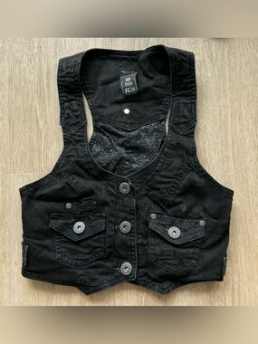Y2K vintage black grunge emo goth Denim front pocket vest